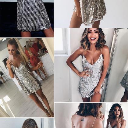 Silver Sequined Backless Sexy Dress