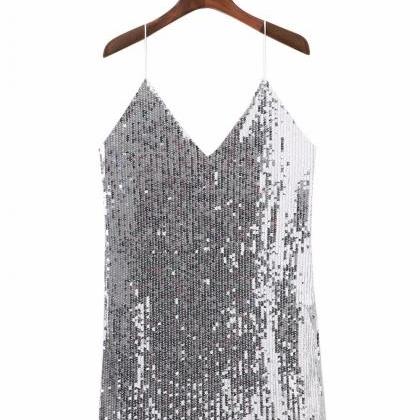 Silver Sequined Backless Sexy Dress